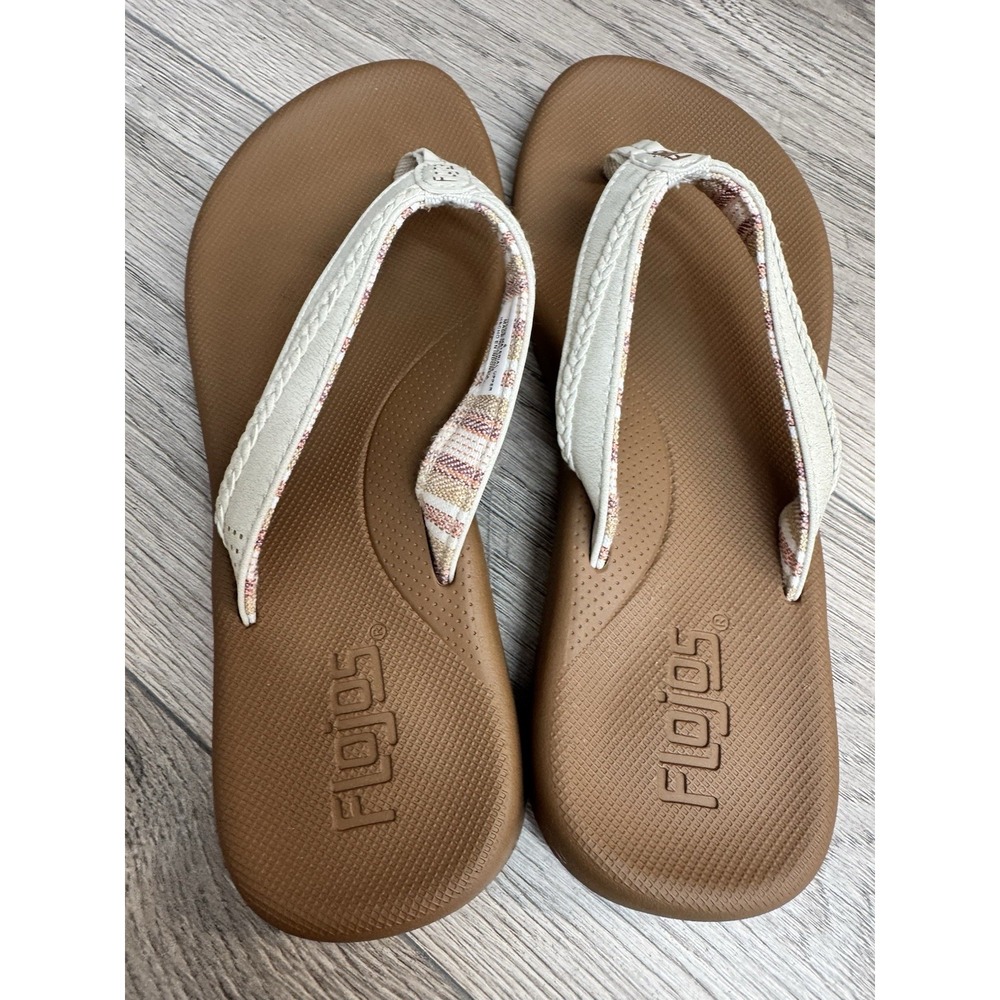Flojos Cream  Flip Flop Thongs Sandals Logo Women's 6